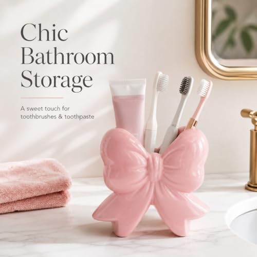 Pink Ceramic Bow Vase & Makeup Brush Holder - Small Vanity Desk Organizer