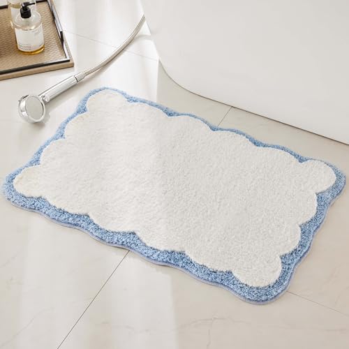 Ohocut Scalloped Bath Mat, Preppy White & Blue Microfiber Rug 32x20