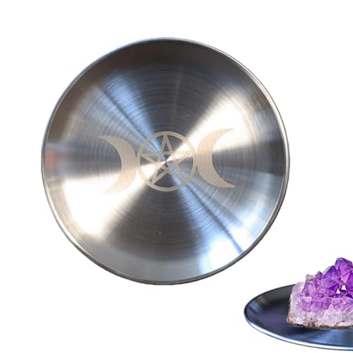 Triple Moon Pentagram Altar Plate - Brushed Stainless Steel Offering Tray