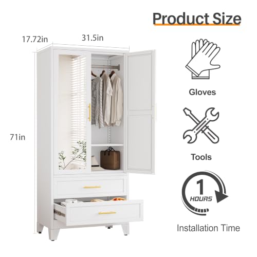 71-Inch Metal Wardrobe Closet with Mirror, 2 Drawers and Adjustable Shelves