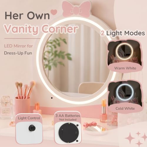 Kids Vanity Set with Lighted Mirror, Dual-Height Dress-Up Station and Chair