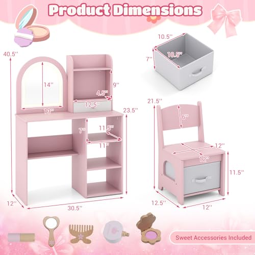 Kids Vanity Set with Lighted Mirror, Drawer, and Chair - Pink Dressing Table