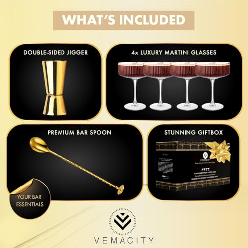VEMACITY Set of 4 10oz Ribbed Espresso Martini Glasses with Gold Rims | Vintage Cocktail Coupe Glassware for Margaritas & More