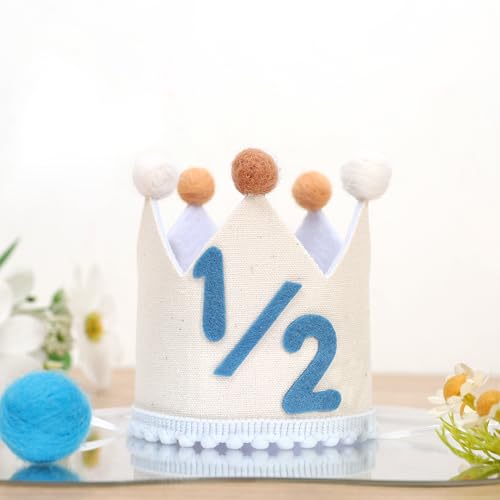 Blue and Cream 1/2 Birthday Crown for Baby Boy - Halfway to One Photo Prop