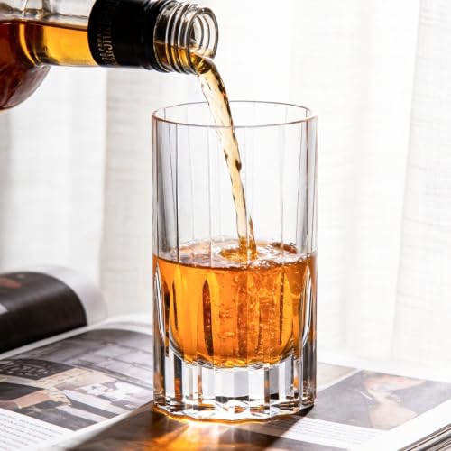 KAMMAK Hand Blown Crystal Collins Glasses Set of 2 - White, 10.8oz Highball Tumblers for Cocktails & Spirits