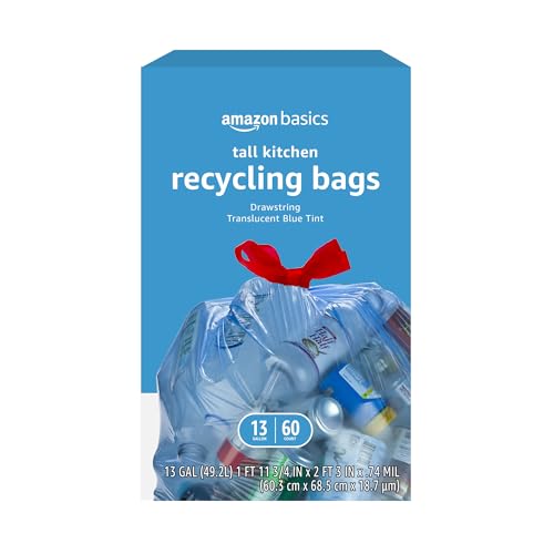 13 Gallon Blue Recycling Drawstring Trash Bags - Tall Kitchen, 60 Count