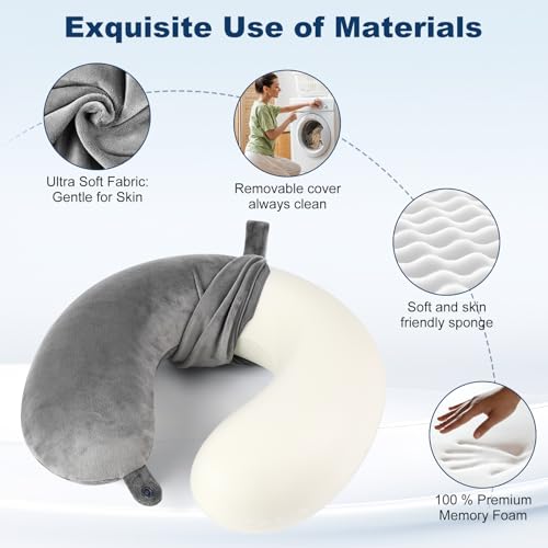 Travel Pillow - 100% Pure Memory Foam U-Shaped Neck Support