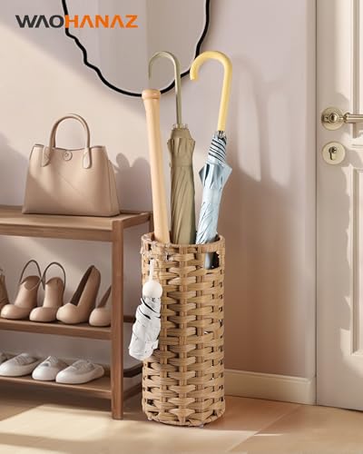 Hand Woven Rattan Umbrella Stand with Drip Tray and 4 Hooks, 16.5-inch