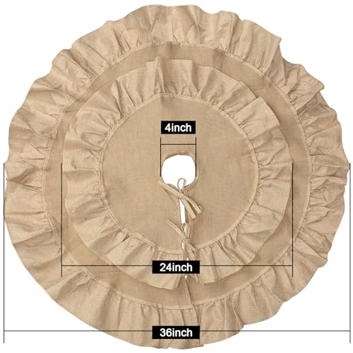 24-Inch Rustic Burlap Christmas Tree Skirt with Ruffle Edge for Tabletop Trees