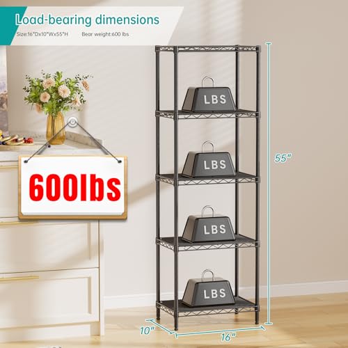 5-Tier Metal Wire Standing Storage Shelf Unit Black 10"D x 16"W x 55"H