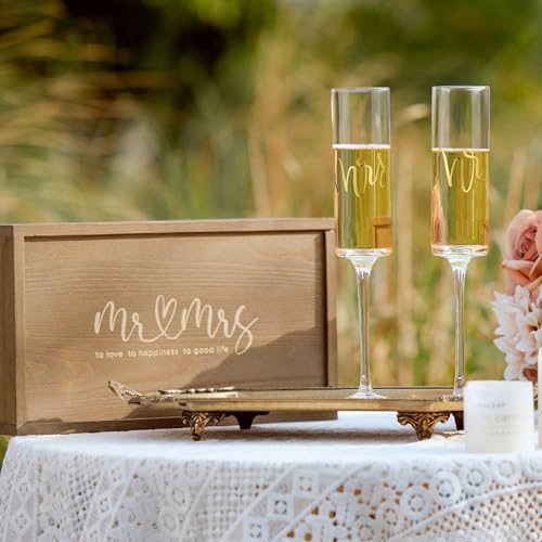 Mr and Mrs Champagne Flutes Set with Wooden Gift Box for Weddings