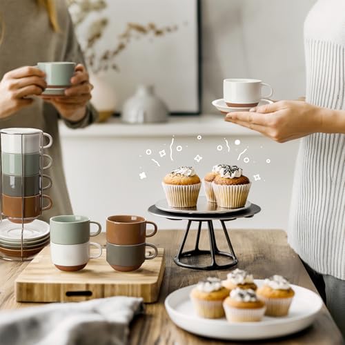 Sweese 2.5oz Espresso Cups Set of 4 with Saucers & Metal Stackable Stand - Earthy Spectrum