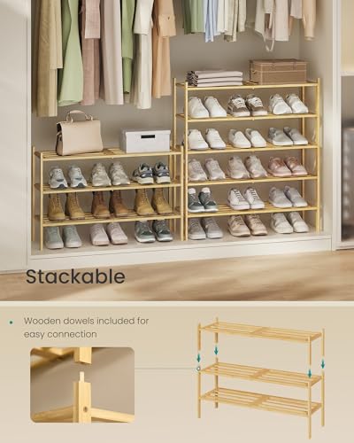 3-Tier Bamboo Shoe Rack, Stackable Entryway Shoe Organizer Shelf
