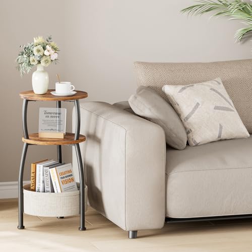 3-Tier Round Side Table with Storage Basket, 24" Small End Table, Rustic Brown