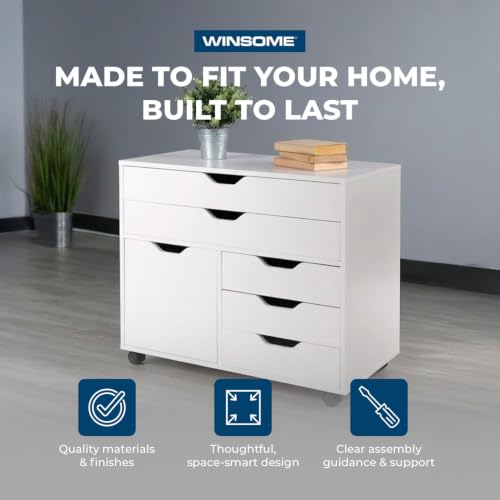 Mobile Storage Cabinet with 1 Door and 5 Drawers, White