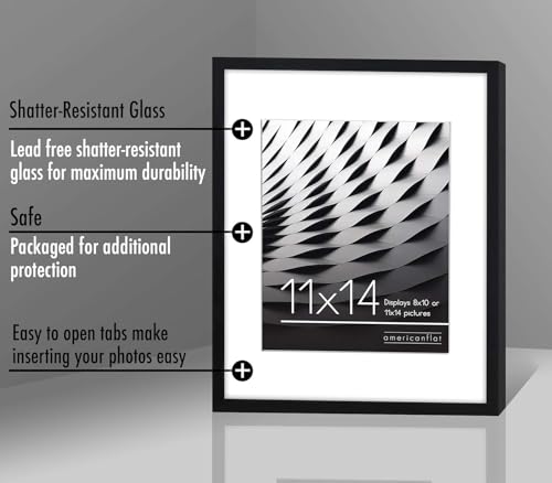 11x14 Black Wall Picture Frame with Mat for 8x10 - Shatter-Resistant Glass