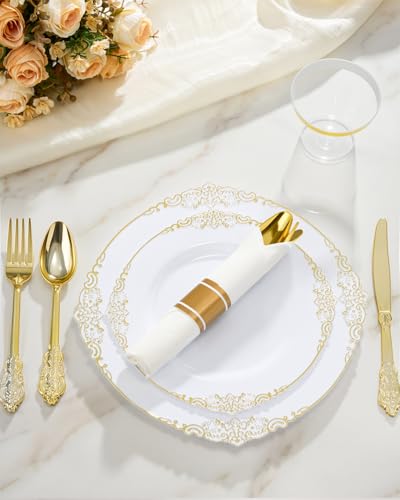 Goodluck 350-Piece Gold Trim Plastic Dinnerware Set for 50 Guests – Plates, Cutlery, Napkins, Cups