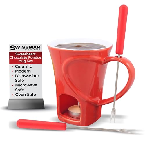 Swissmar Sweetheart 4-Piece Red Fondue Mug Set – Includes Mug, 2 Forks & Tea Light
