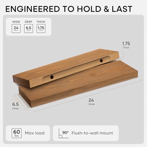 24-Inch Solid Wood Floating Shelves - Heavy Duty Wall Mounted Shelves, Set of 2