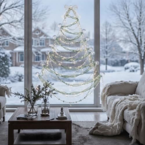 6 Pcs Christmas Wall Tree Kit with Pearl Garland & USB Fairy Lights