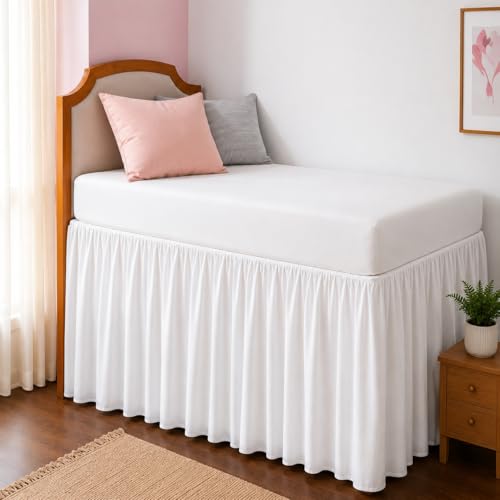 White Twin XL Dorm Bed Skirt - 32 Inch Drop with Split Corners