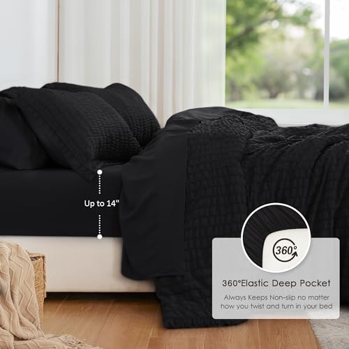 7-Piece Black Seersucker Queen Comforter Set - All Season Bedding