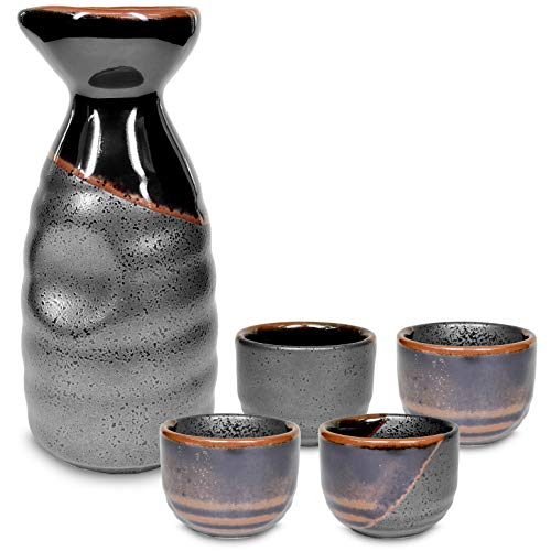 Japanese Sake Set Ceramic 5-Piece Black Kuro Oribe Gifu Japan