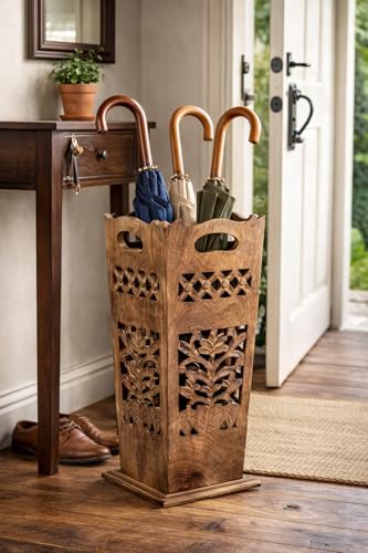 Hand-Carved Solid Wood Umbrella Stand & Walking Cane Holder