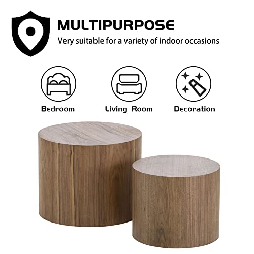 Nesting Coffee Table Set of 2, Round Wooden Accent Side Tables for Living Room