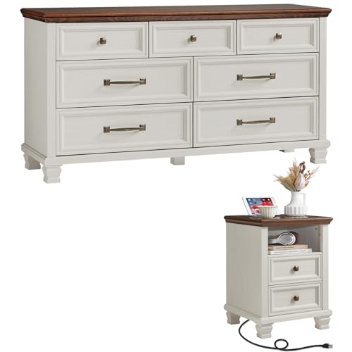 7-Drawer Farmhouse Dresser and Nightstand Set with Charging Station