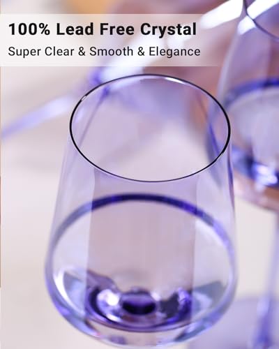 Physkoa Purple 15oz Hand-Blown Crystal Wine Glasses, Set of 6 Stemware