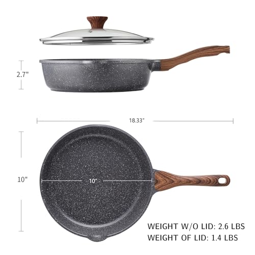 Nonstick Deep Frying Pan with Lid - 10 Inch Granite Saute Pan 3.5QT