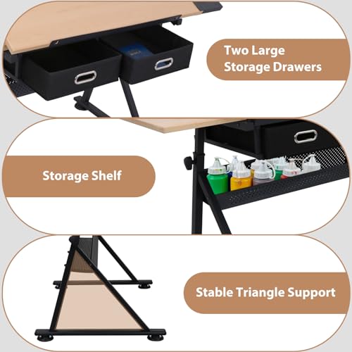 Adjustable Drafting Table with 2 Storage Drawers and Stool
