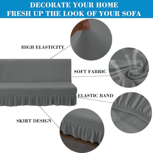 Dark Grey Stretch Armless Futon Cover with Skirt for Sofa Bed, Washable, Fits 68-85"
