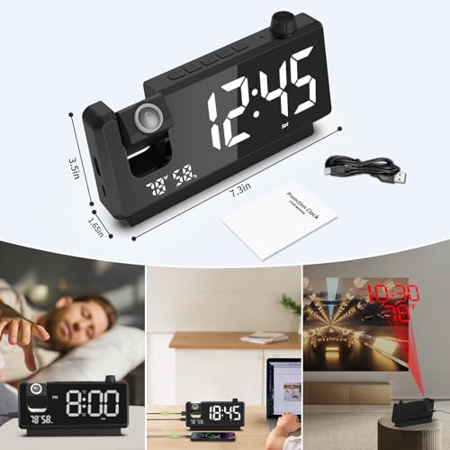 Projection Alarm Clock with Mirror Display, 180° Projector & Dual Alarms