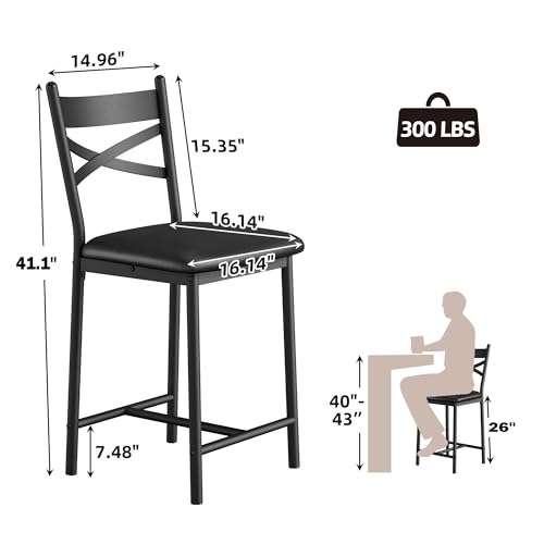 26-Inch Counter Height Bar Stools with Back - Set of 4, Black PU Leather