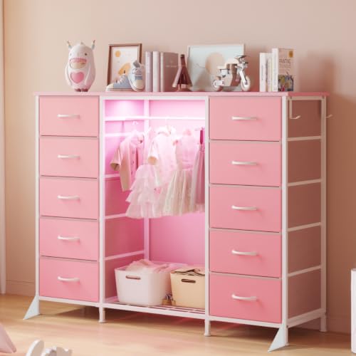 55-Inch Dresser with 10 Fabric Drawers, Hanging Rack, LED Lights & Charging