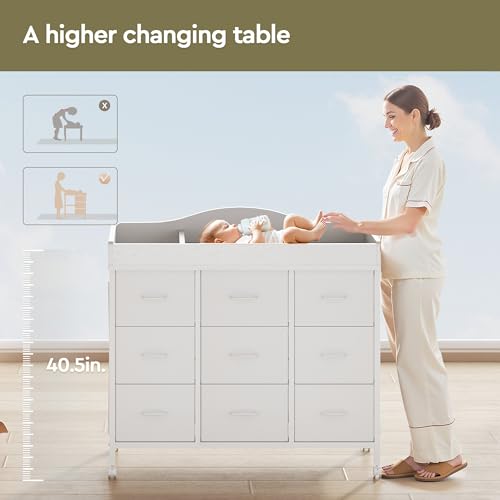 Mobile Baby Changing Table with 9 Storage Bins and Waterproof Pad, White