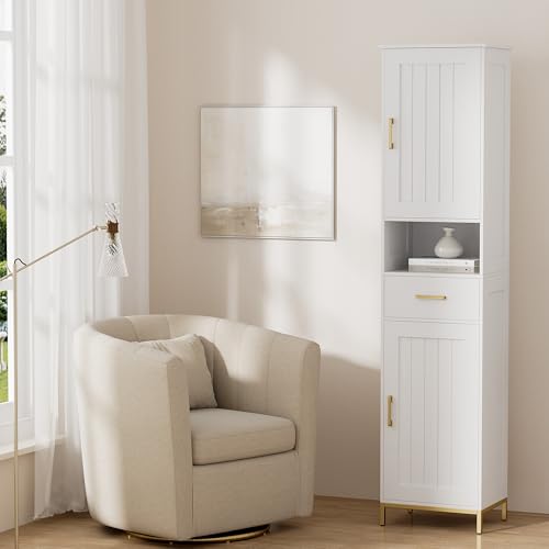 Homhedy 67-inch White Bathroom Storage Cabinet - Tall, Multi-Functional Bathroom Organizer