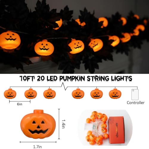 Halloween Pumpkin String Lights - 10ft 20 LED Battery Operated Jack-O-Lantern