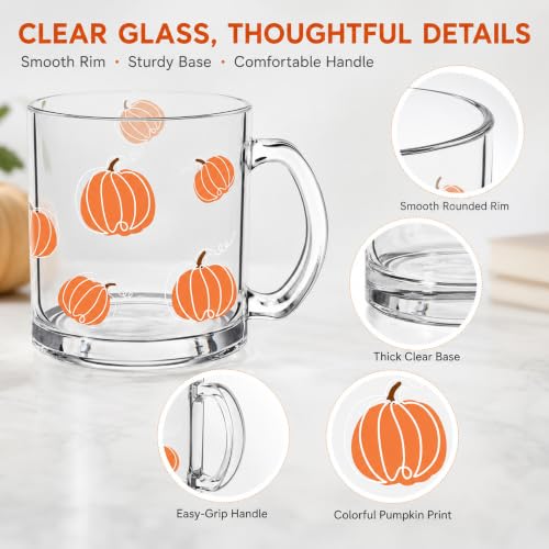 Pumpkin Glass Coffee Mug Set of 4 - 12oz Fall Thanksgiving Decor