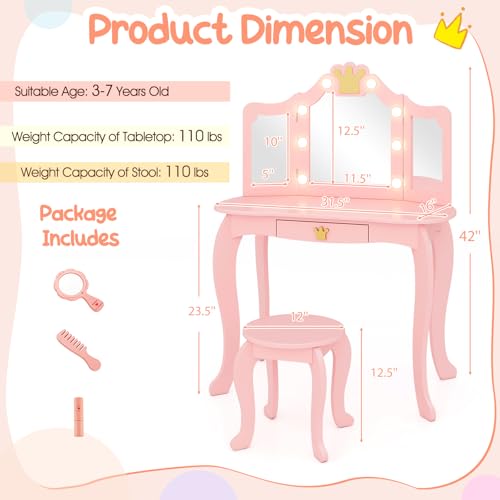 Kids Vanity Set with Mirror and Stool, Lighted Makeup Table for Girls