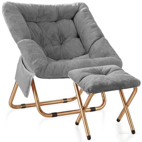 Foldable Faux Fur Saucer Chair, Oversized Plush Lounge Chair for Bedroom