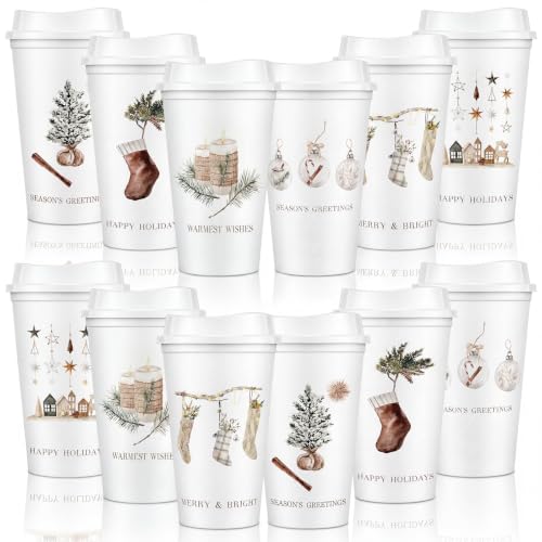 Havawish 12-Pack Rustic Neutral Christmas Coffee Cups with Lids, 16 oz Plastic Tumbler Bulk