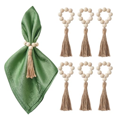 Wooden Bead Napkin Rings Set of 6, Rustic Boho Farmhouse Table Decor