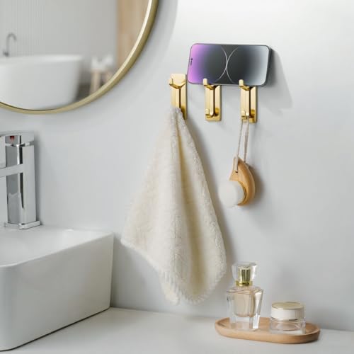 Brushed Gold Self-Adhesive Wall Hooks - Heavy Duty 12lb Towel & Coat Hooks