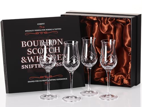 Comfit Hand Cut Tulip Engraved Crystal Snifter Glasses Set of 4 – 4oz Whiskey & Brandy Glasses