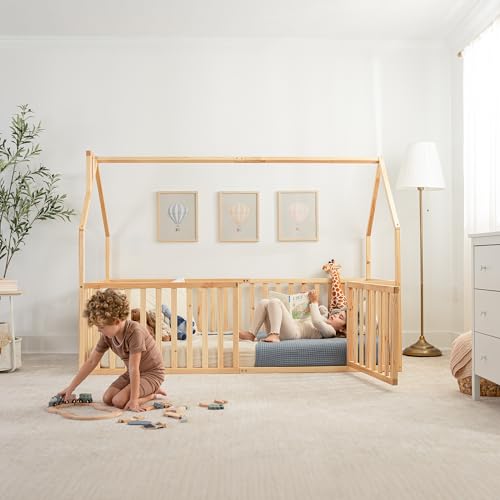 Twin Size Montessori House Bed Frame with Safety Gate and Wood Rails