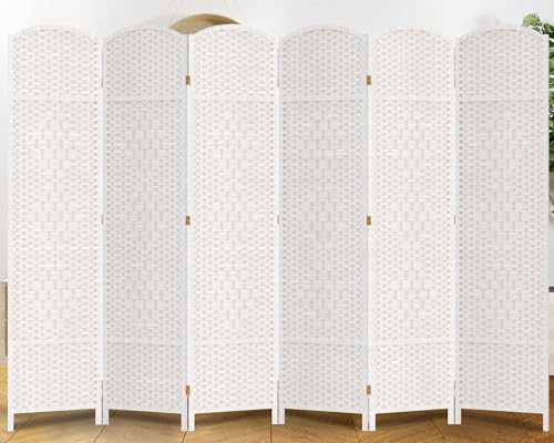 6-Panel Folding Room Divider, Freestanding Woven Privacy Screen, Off-White