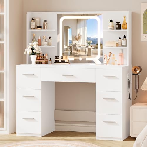 43-Inch White Makeup Vanity Desk with LED Mirror & Charging Station